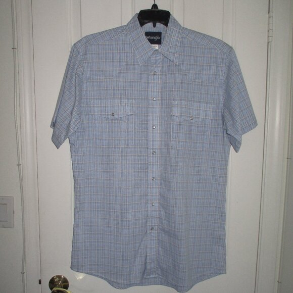 Wrangler Mens S/S Blue Cotton Western Pearl Button Casual Shirt NWOT - Size LT - Picture 2 of 2